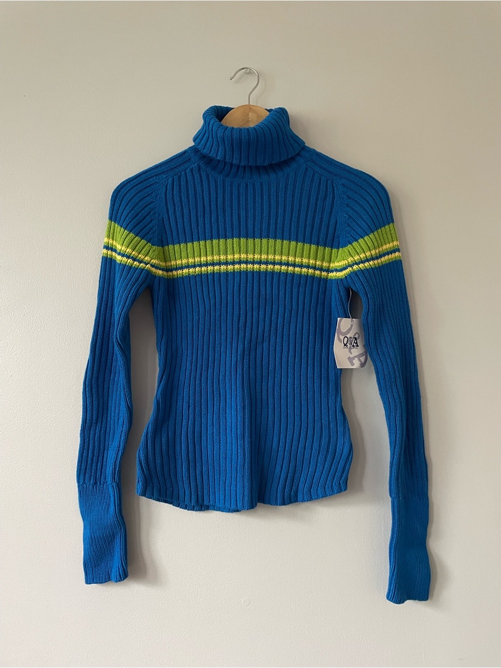 Blue Ribbed Turtleneck Sweater with Lime Green Stripe